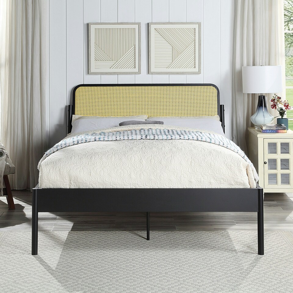 image 1 of Cheshunt Black Metal Rattan Headboard Bed Frame (King)