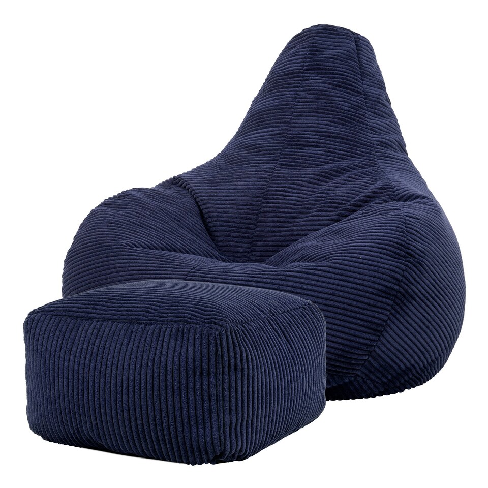 image 1 of icon Dalton Cord Adults Bean Bag Recliner and Pouffe, Ready Filled Beanbag and Footstool Navy Blue Blue