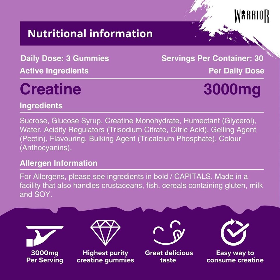 image 1 of Warrior Creatine Monohydrate Gummies – 3000mg Creatine per Serving, Chewable & No-Mix – Blue Razz, 90 Gummies (30 Servings)