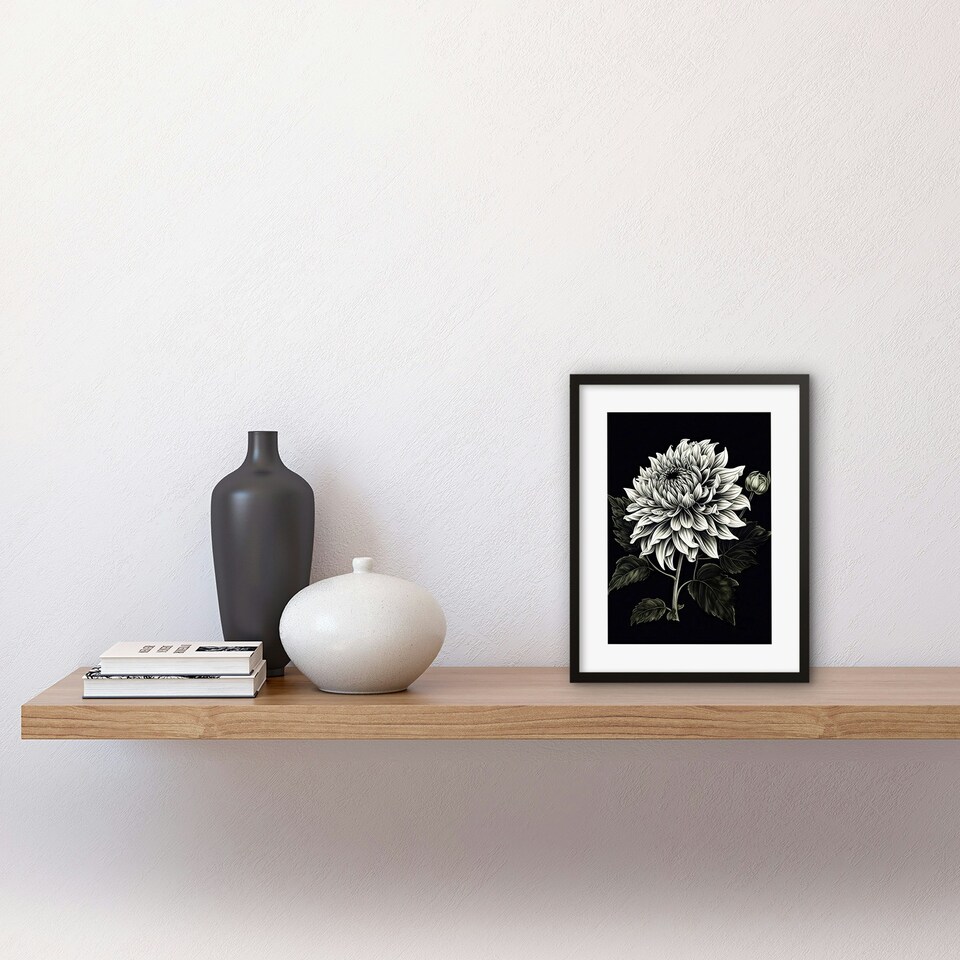 image 1 of Elegant White Black Dahlia Flower Bloom 9x7" Black Framed Wall Art Print