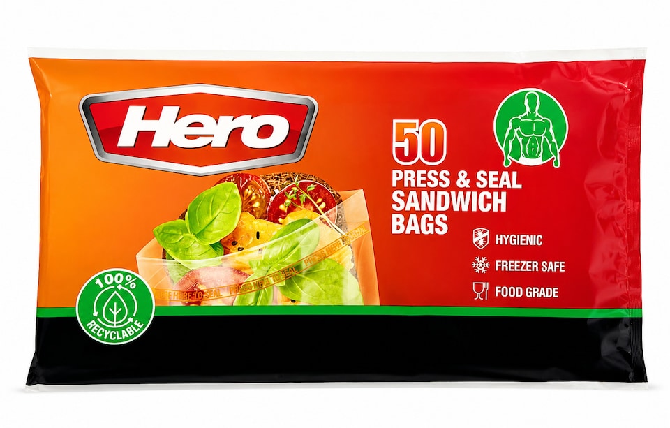 image 1 of Hero Reusable Press Seal Freezer Bags - Pack of 50 BPA Free Food Storage Bags for Sandwiches, Fruit, Meat, Vegetables & Freezer Storage