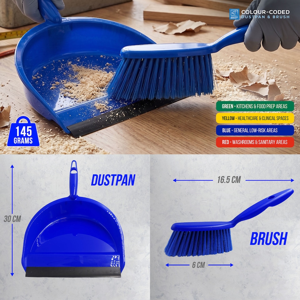 image 1 of Colour Coded Dustpan and Brush Sets Wide Plastic Dustpan with Rubber Lip and Soft Bristle Brush