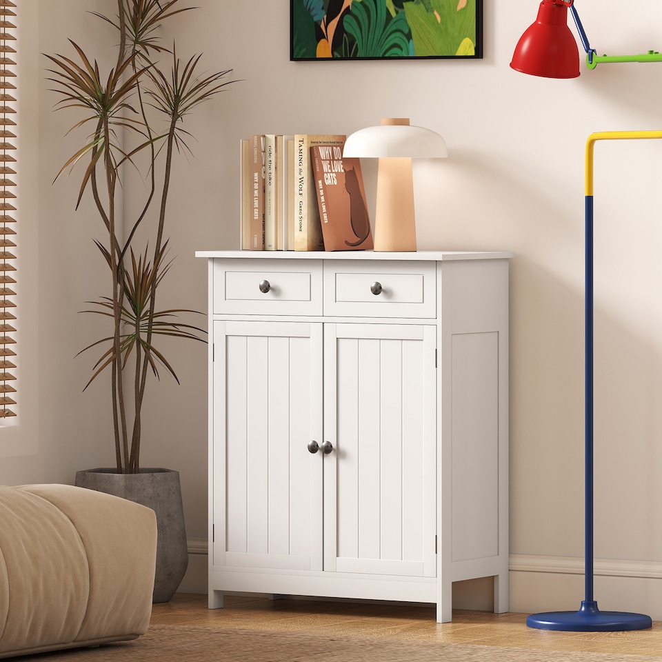 image 1 of kleankin 75x60cm Freestanding Bathroom Storage Cabinet Unit w  2 Drawers Cupboard Adjustable Shelf Metal Handles Traditional Style White