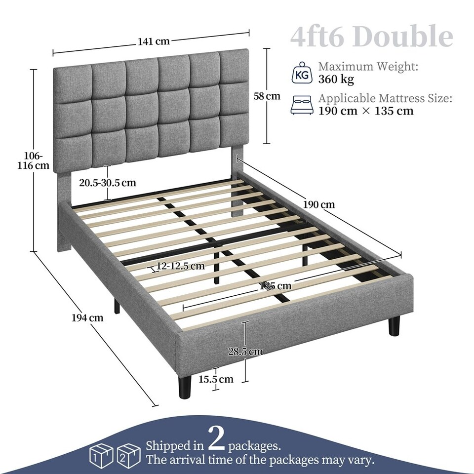 image 1 of Yaheetech 135 cm W x 190 cm L Upholstered Bed Frame Light Grey