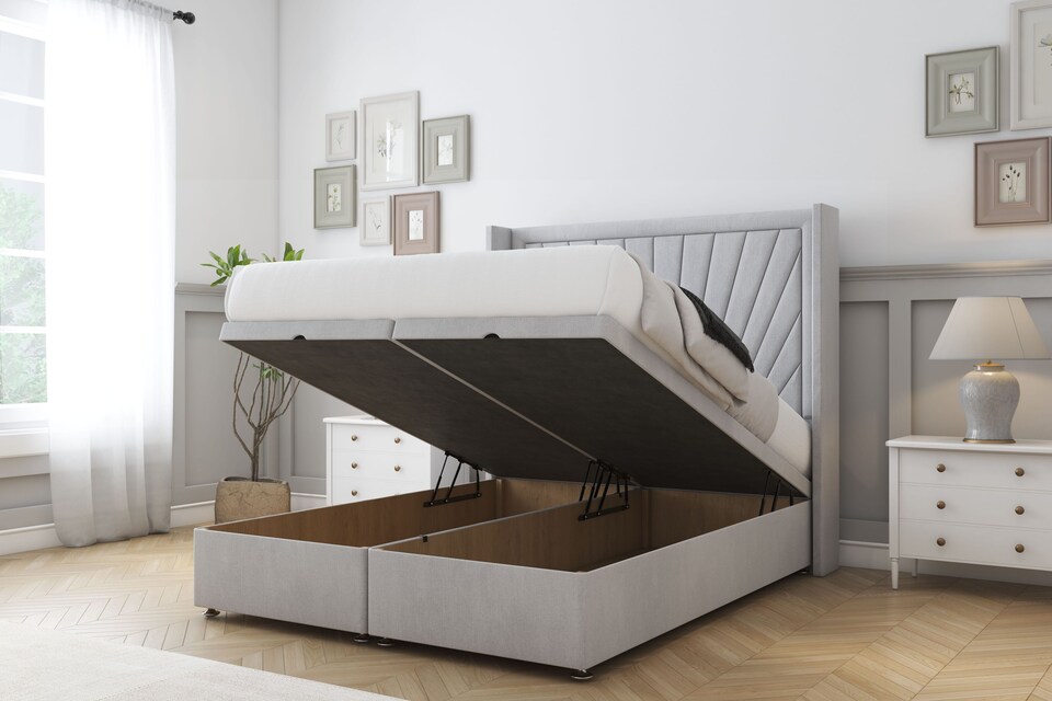 image 1 of Sloomy Rutherford Silver Naples Ottoman Bed With Mattress With 54" Wingback Headboard 6' Super King