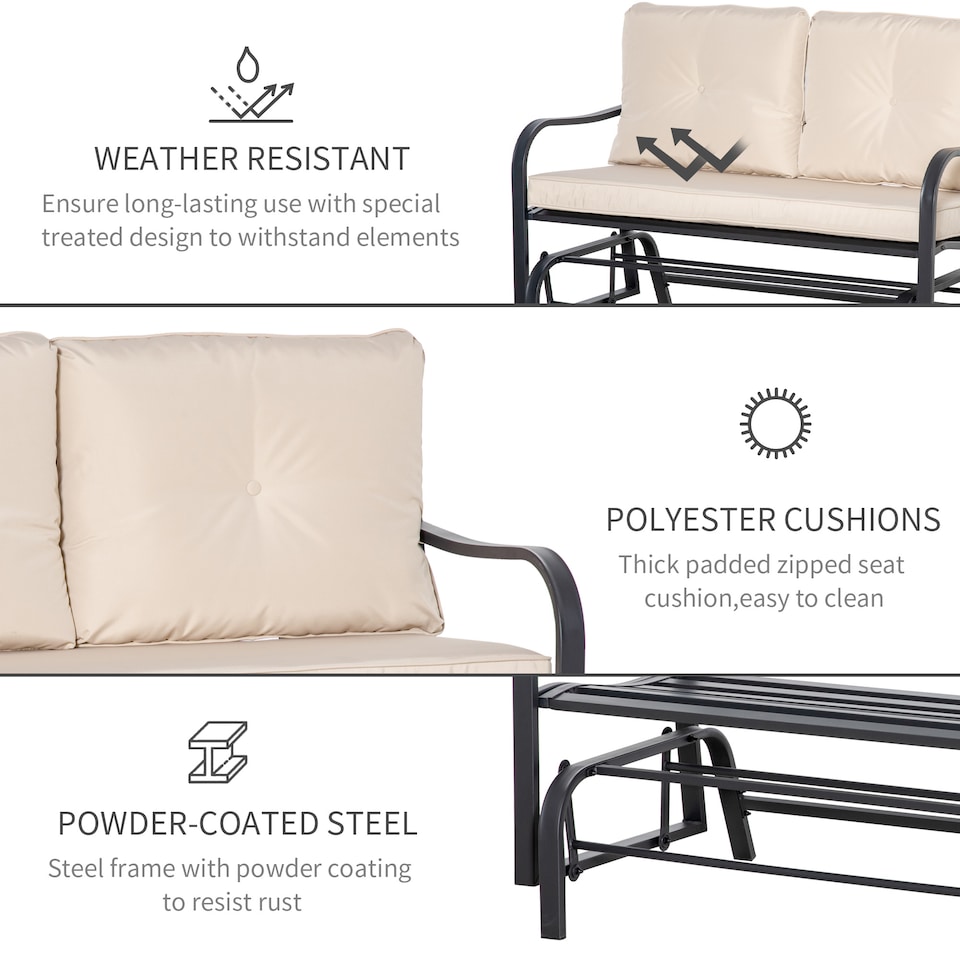 image 1 of Outsunny 2-Person Outdoor Loveseat Glider Bench Rocking Chair for Patio, Garden, Yard, Porch with Armrest and Cushions, Khaki