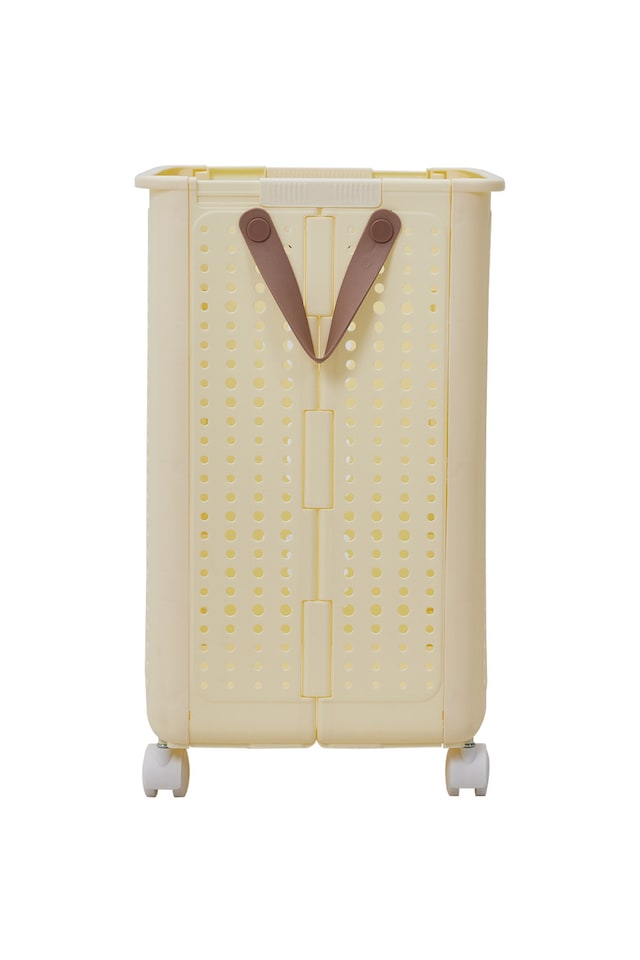 image 1 of Living and Home Foldable Laundry Basket with Wheels, L | Cream | L