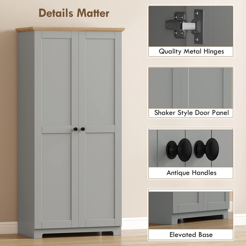 image 1 of HOMCOM 172cm Wooden Storage Cabinet Cupboard With 4 Shelves | Grey | Grey | 80 x 48 x 172 cm
