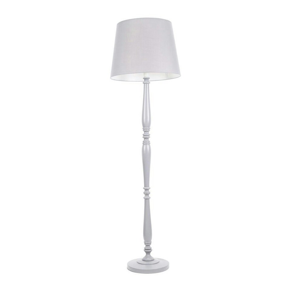 image 1 of ValueLights Victoria Grey Wood Traditional Stem Floor Lamp with Grey Fabric Tapered Shade and LED Bulb