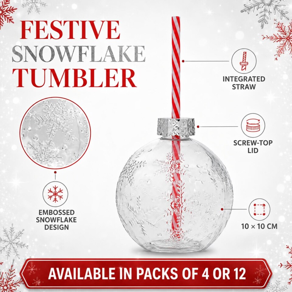 image 1 of Set of 12 Glass Bauble Drinks Tumblers Clear Snowflake 400ml With Straw