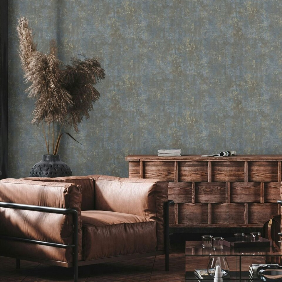 image 1 of AS Creation Concrete Effect Heavyweight Vinyl Textured Wallpaper - Blue/Gold - 10m x 0.5m Blue