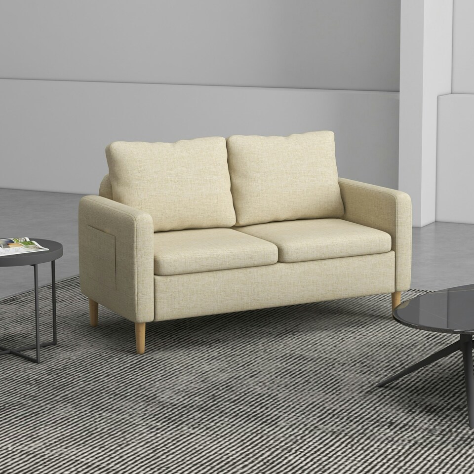 image 1 of HOMCOM 2 Seater Sofa Modern Fabric Couch with Wood Legs and 2 Pockets Beige