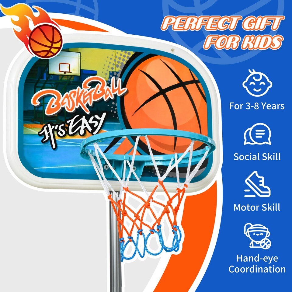 image 1 of HOMCOM 3 Pcs Kids Basketball Set w/ Hoop Ball Pump Height Fillable Base 3-8 Yrs
