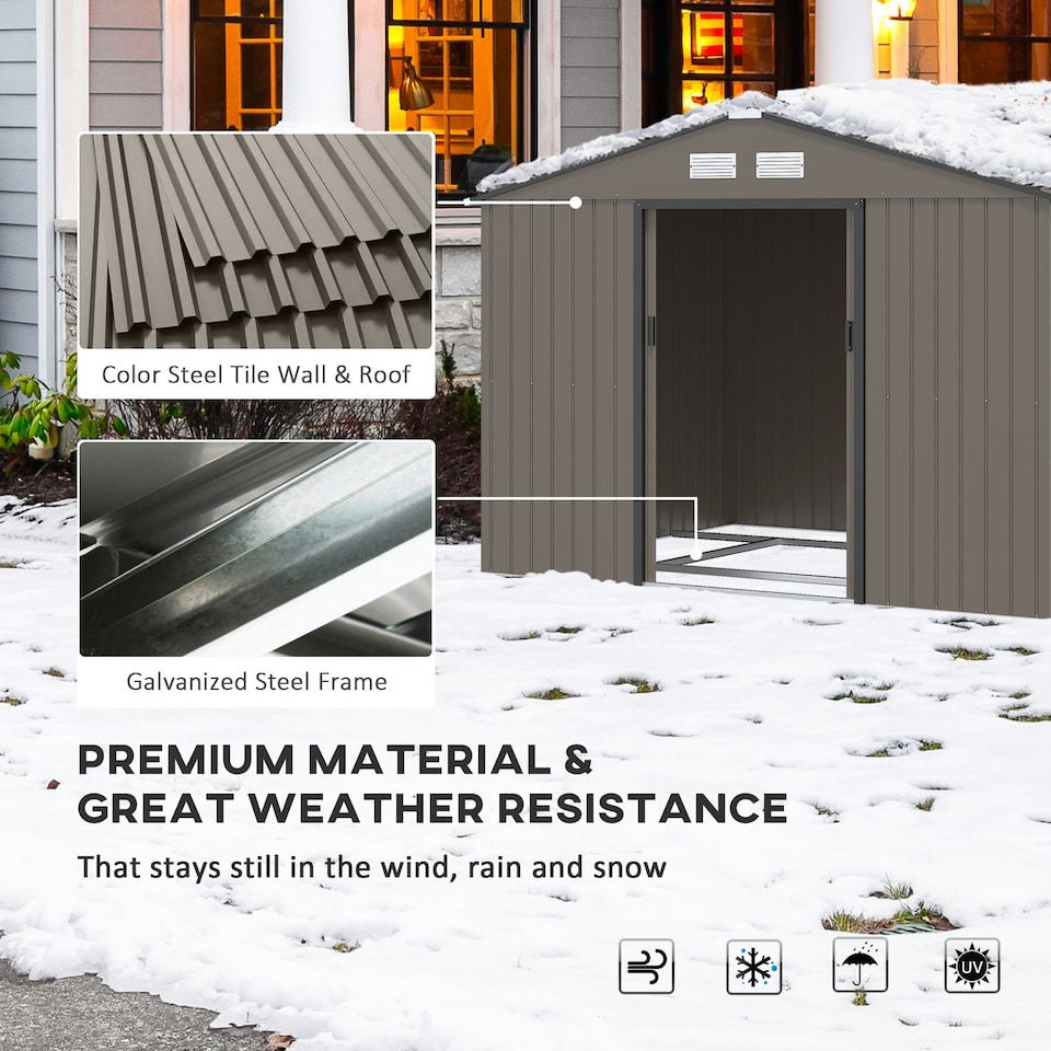 image 1 of Outsunny 9 x 6FT Galvanised Garden Storage Shed with Sliding Door, Brown
