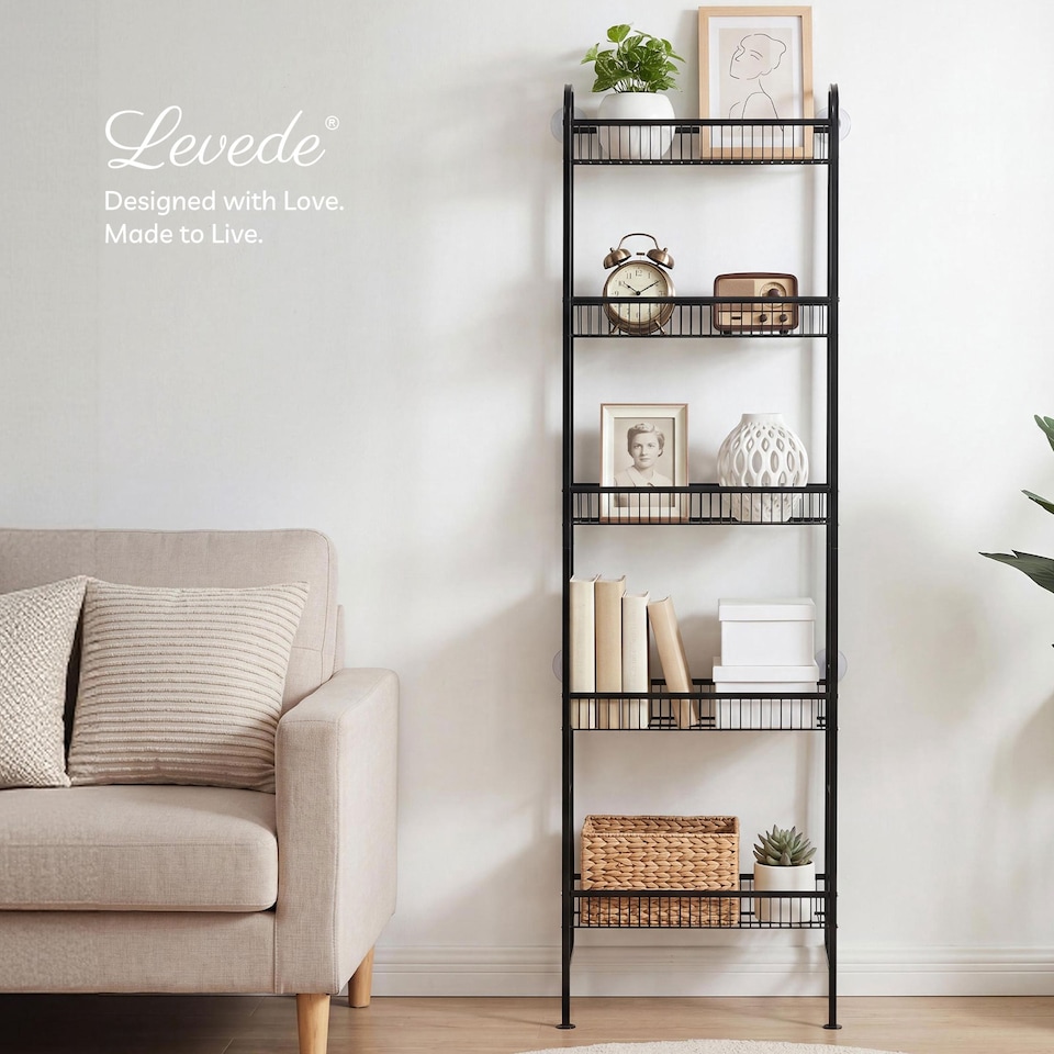image 1 of Levede Behind Door Storage Organiser Narrow 5-Tier Bathroom Shelves,Steel,Black