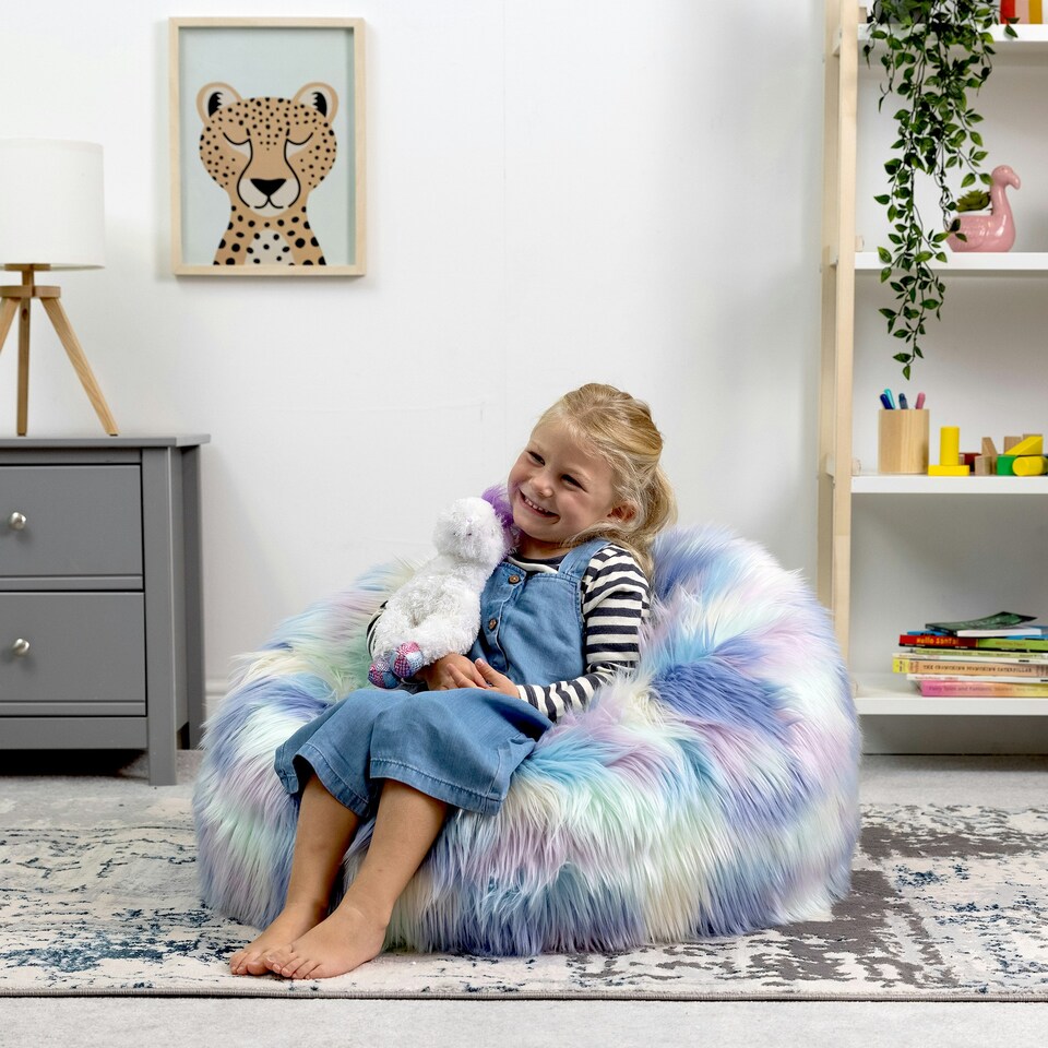 image 1 of icon Kids Classic Faux Fur Bean Bag Chair Unicorn Bean Bags for Children Pink