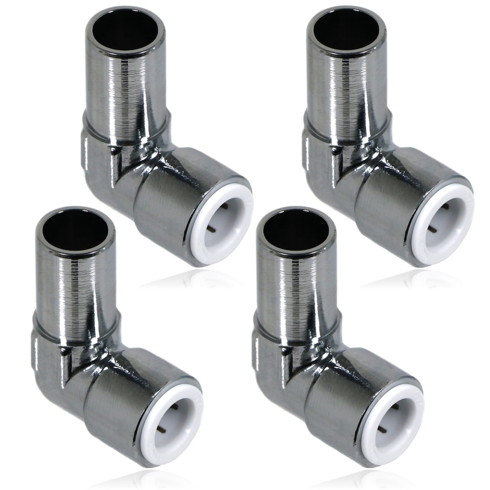 image 1 of SPARES2GO 15mm x 10mm Pushfit Radiator Valve Chrome Reducing Elbow Stem Compression (Pack of 4)