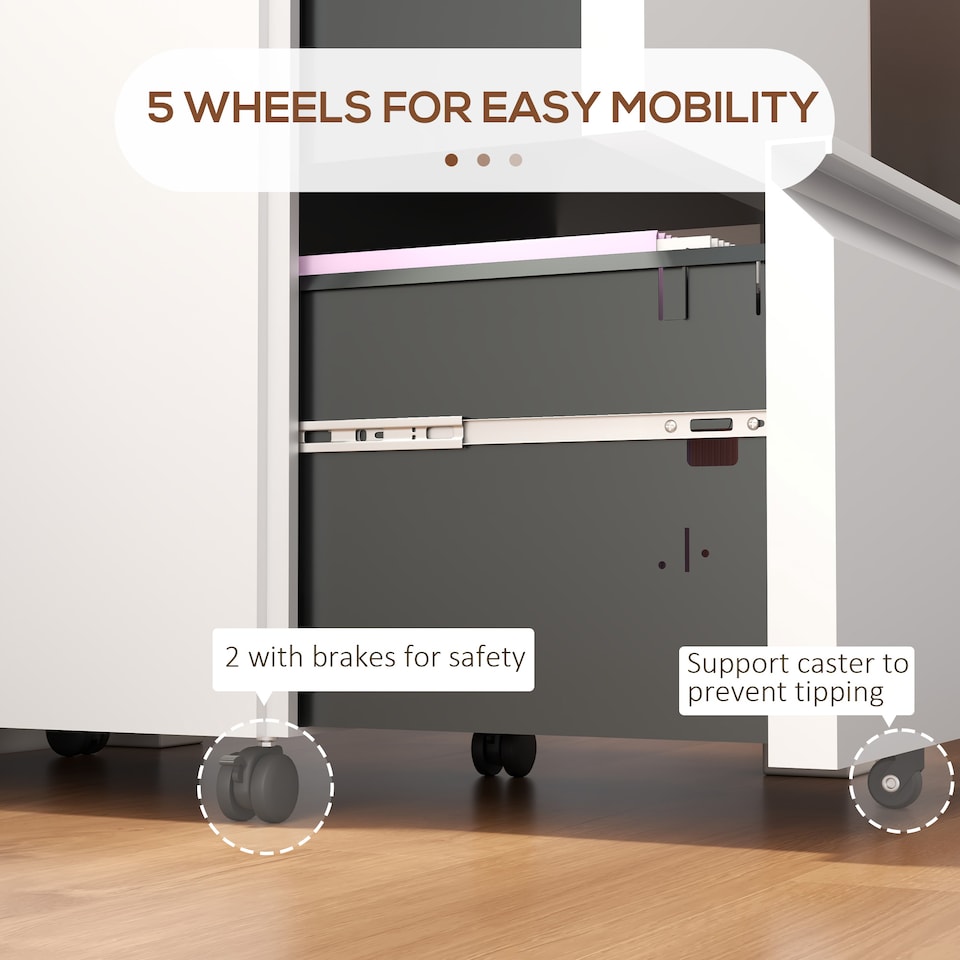 image 1 of Vinsetto 2-Drawer Mobile Filing Cabinet, Steel Lockable File Cabinet for Letter, A4 and Legal Size, Pre-Assembled Body, White