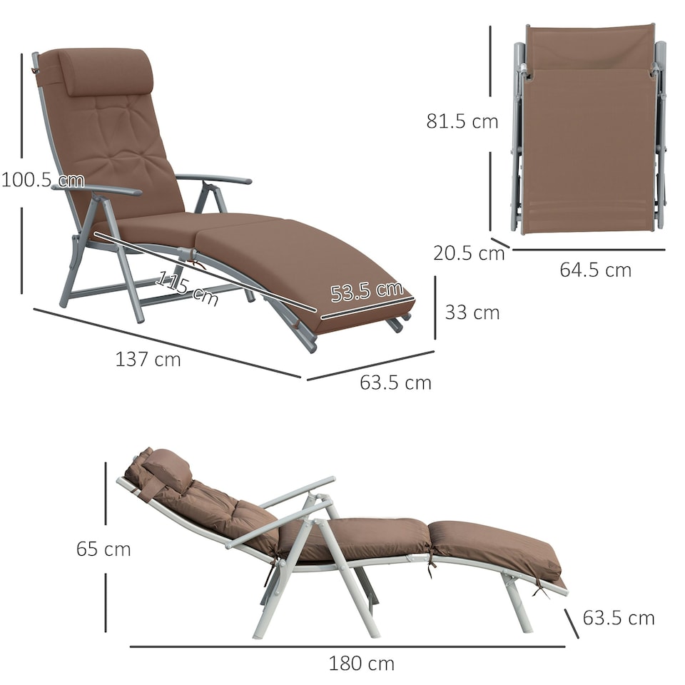 image 1 of Outsunny Sun Lounger Recliner Foldable Padded Seat Adjustable Texteline Brown