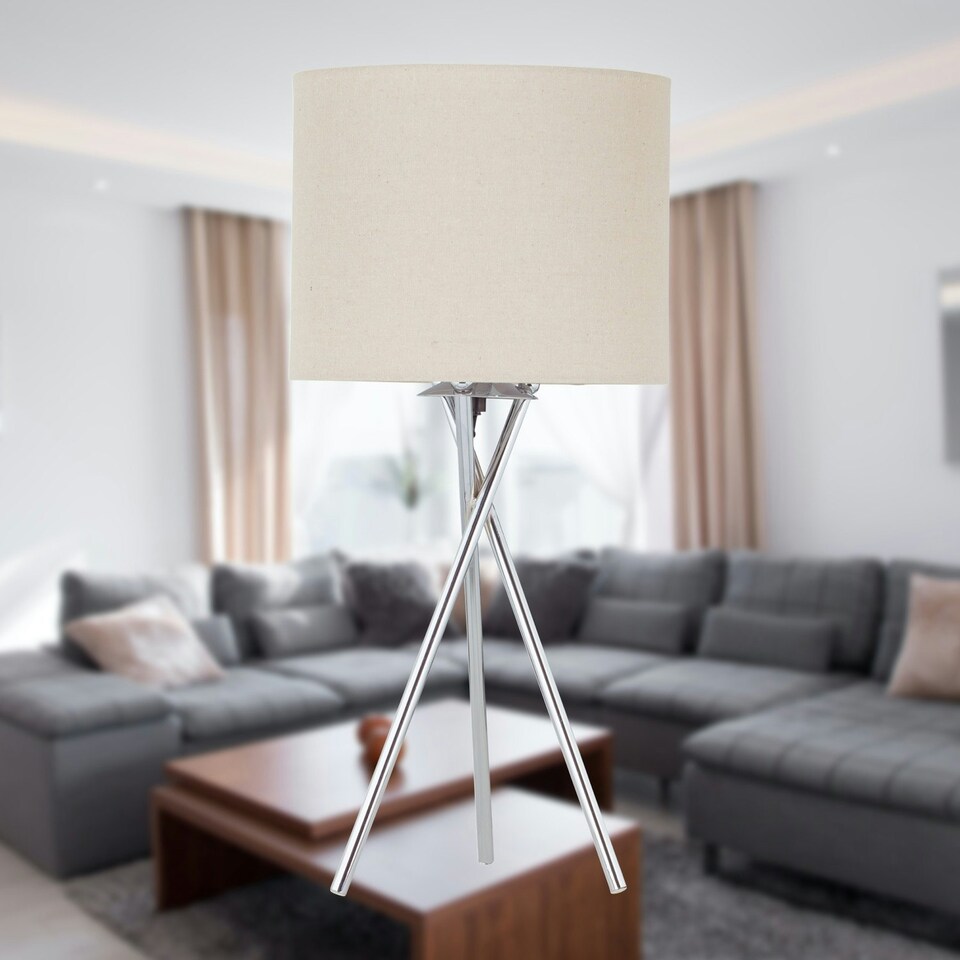 image 1 of Set of 2 Tripod - Polished Chrome Lamps with Natural Linen Shade Chrome | Brown