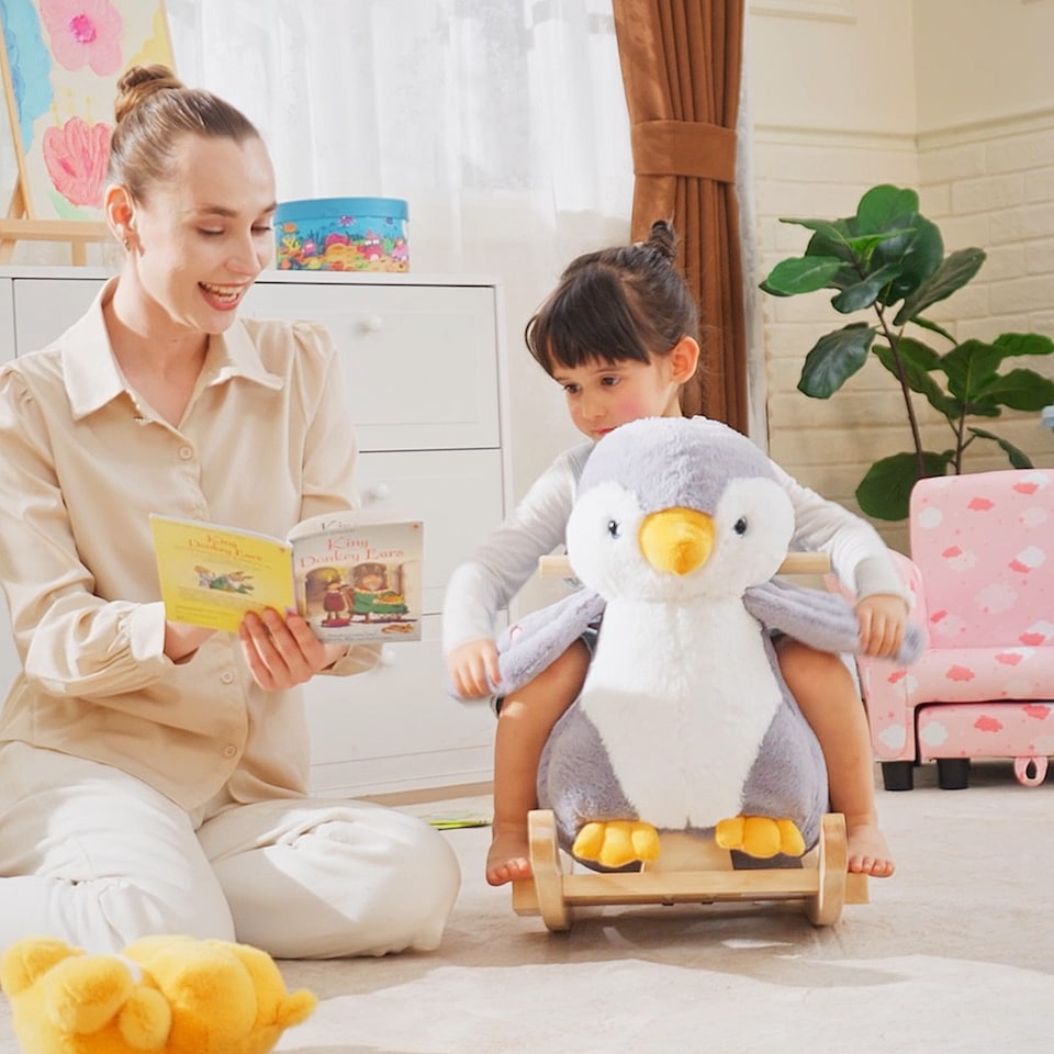 image 1 of HOMCOM Children Kids Animal Rocking Horse Penguin Plush Musical Button 32 Songs Kid Rocker for 18 Plus Months