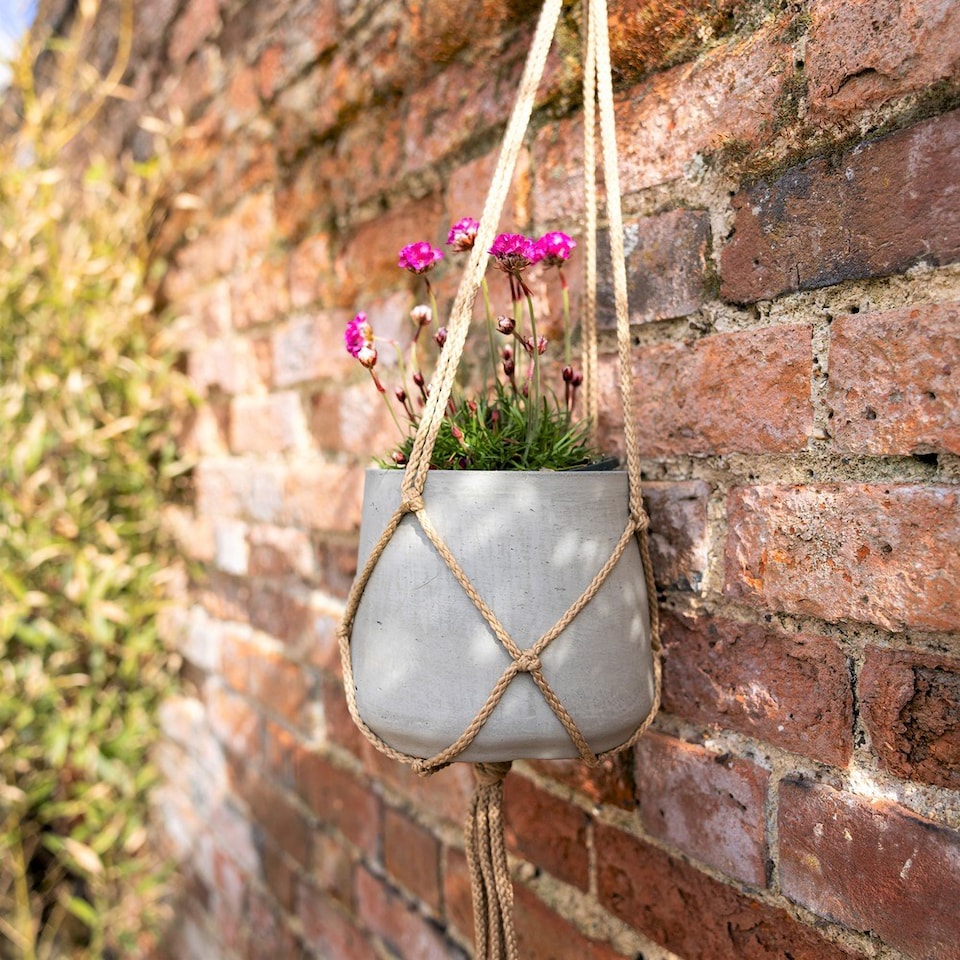 image 1 of Primrose Round Natural Cement Wall or Ceiling Hanging Plant Pot in Grey 17cm