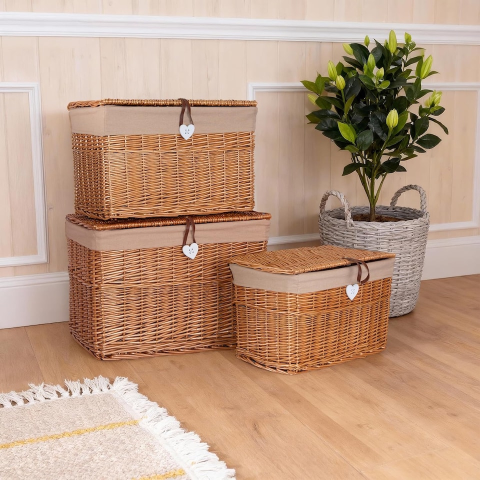 image 1 of Wickerfield Willow Basket and Trunk Chest Hamper with Lid and Cotton Liner for Office and Home Storage in Living rooms, Bedroooms (Medium, Brown)