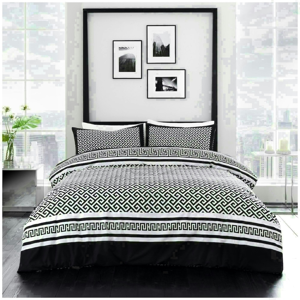 image 1 of Meander Greek Printed Duvet Cover Set Reversible Polycotton Beddings Black | Single