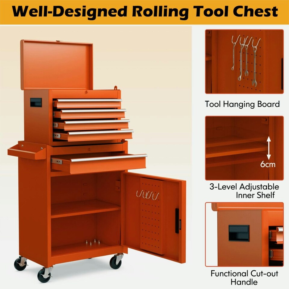 image 1 of COSTWAY 5-Drawer Rolling Tool Chest Tool Storage Cabinet Orange Orange