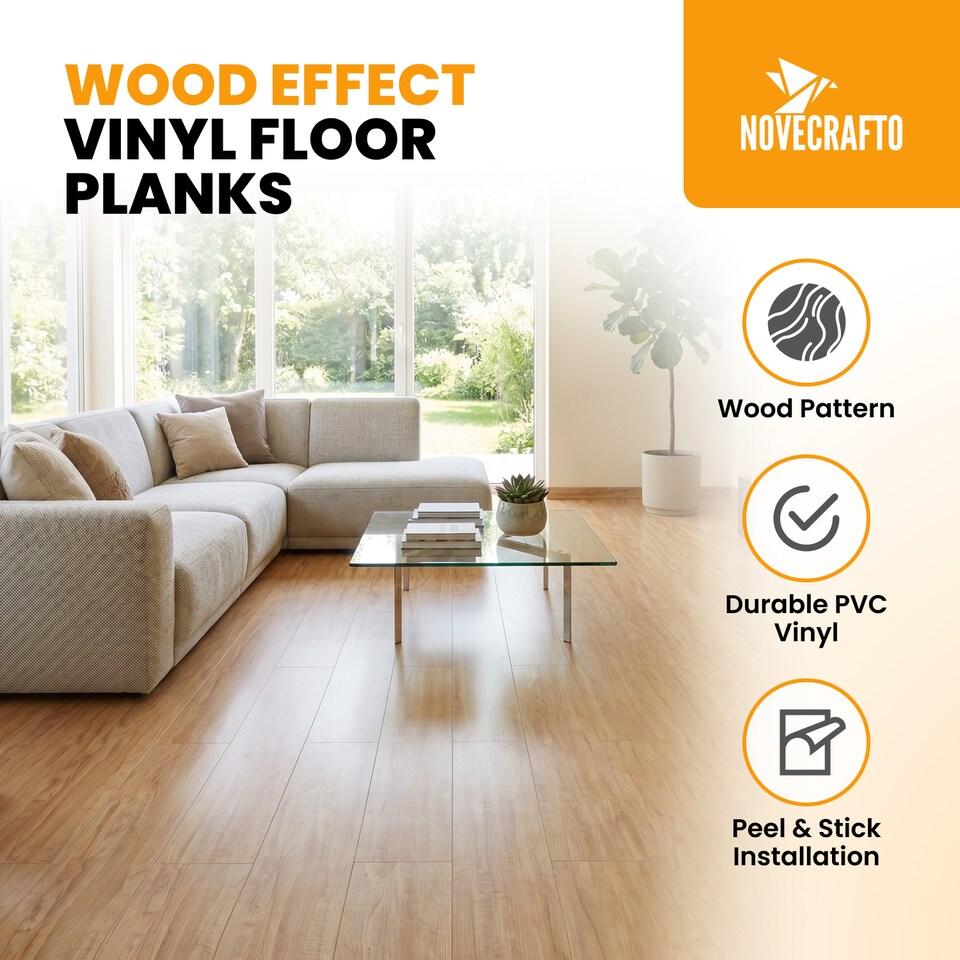 image 1 of NOVECRAFTO Self Adhesive Floor Planks | 36x5.98in (91.4x15.2cm) Each | Peel & Stick Vinyl Flooring | Honey Drift Timber Effect | Waterproof DIY Tiles | Brown | 0.97 sqm