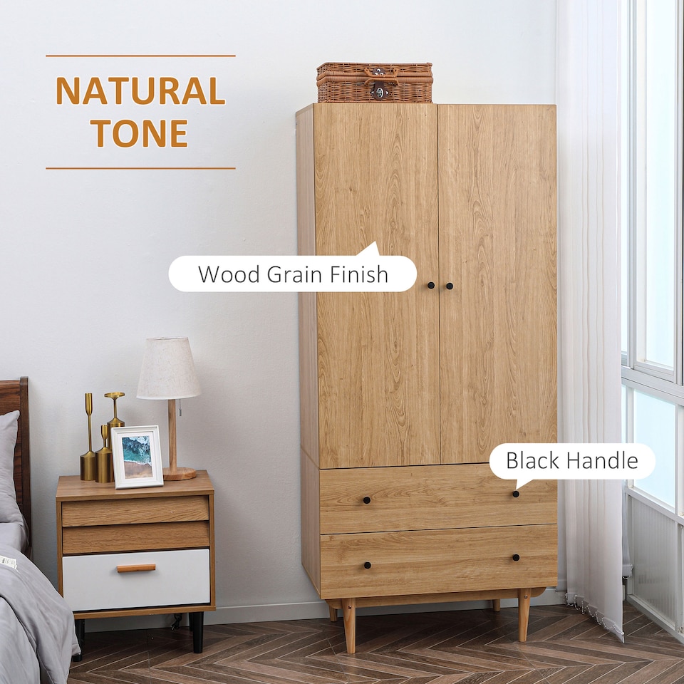 image 1 of HOMCOM 2 Door Wardrobe with 2 Drawers, Hanging Rail, Clothes Storage Organiser