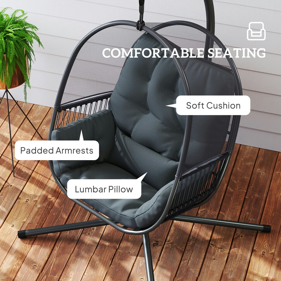 image 1 of Outsunny Hanging Egg Chair w/Stand & Cushions, Dark Grey Grey | Dark Grey