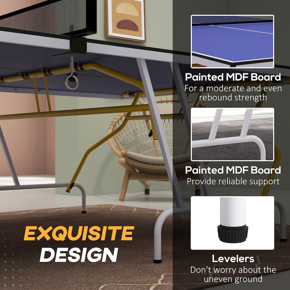 image 1 of SPORTNOW 9FT Foldable Table Tennis Table, Fold Into Quarters, Indoor Portable Full Size Ping Pong Table with Cover, Net, Paddles, Balls, Blue