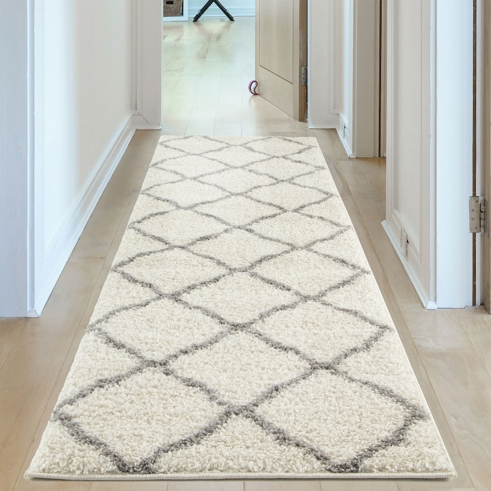 image 1 of THE RUGS Shaggy Rug – Modern Moroccan Design Rugs for Living Room, Bedroom, Hallway, 3 cm Thick Area Rugs, (Moroccan Ivory/Grey, 80x150cm)