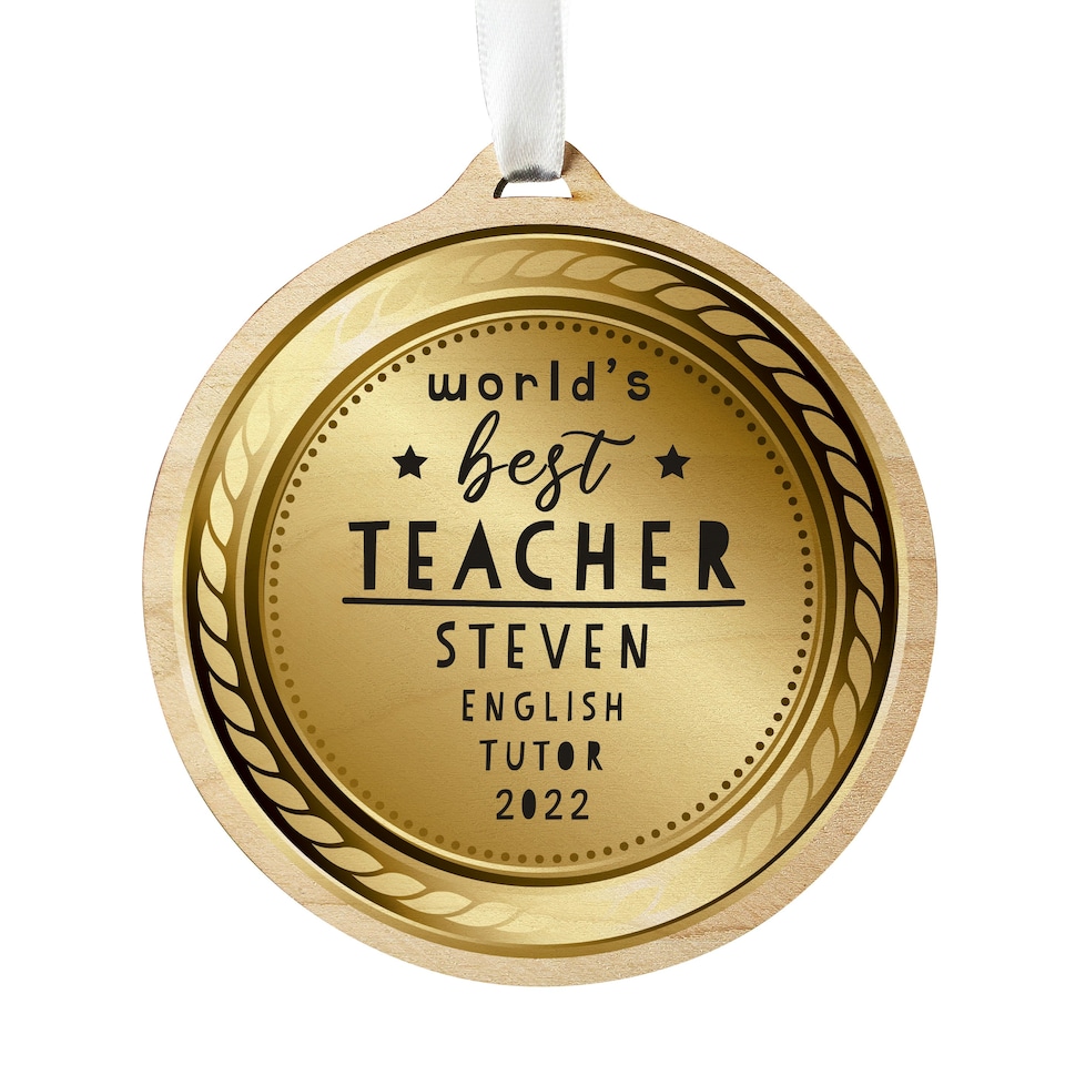 image 1 of Personalised WorldÂ’s Best Teacher Round Wooden Medal