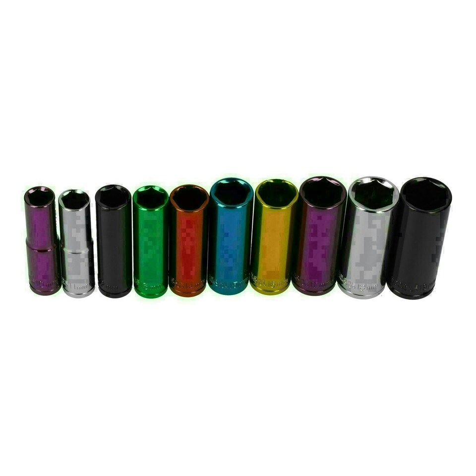 image 1 of 20pc Coloured 3/8" Dr Shallow & Deep Sockets 6 Point Hex Metric 10 - 19mm Rails
