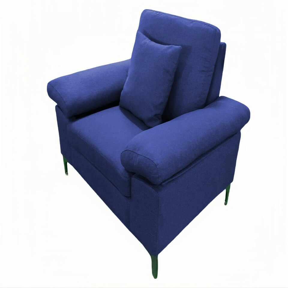 image 1 of Modern One Seater Sofa Blue Fabric with Chrome Feet - Comfortable Couch with Cushion for Living Room, Bedroom or Office Blue