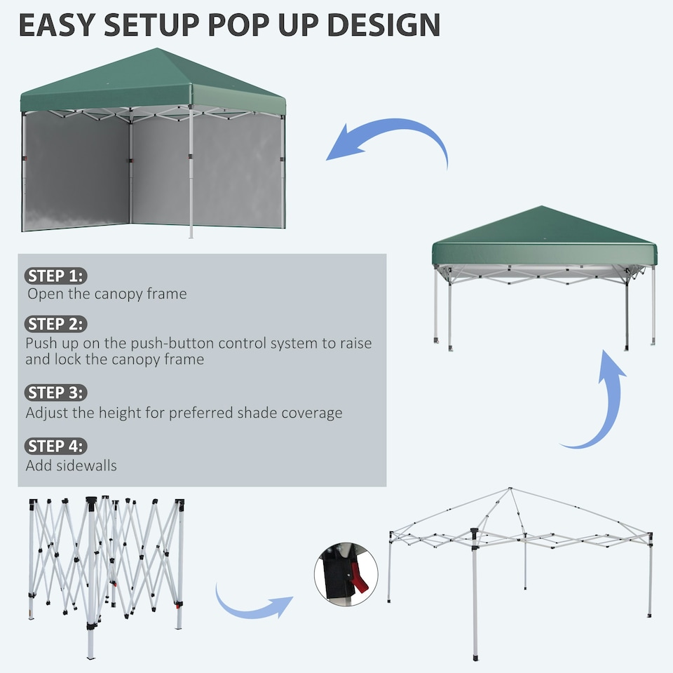 image 1 of Outsunny 3x3 (M) Pop Up Gazebo Party Tent w/ 2 Sidewalls, Weight Bags, Green