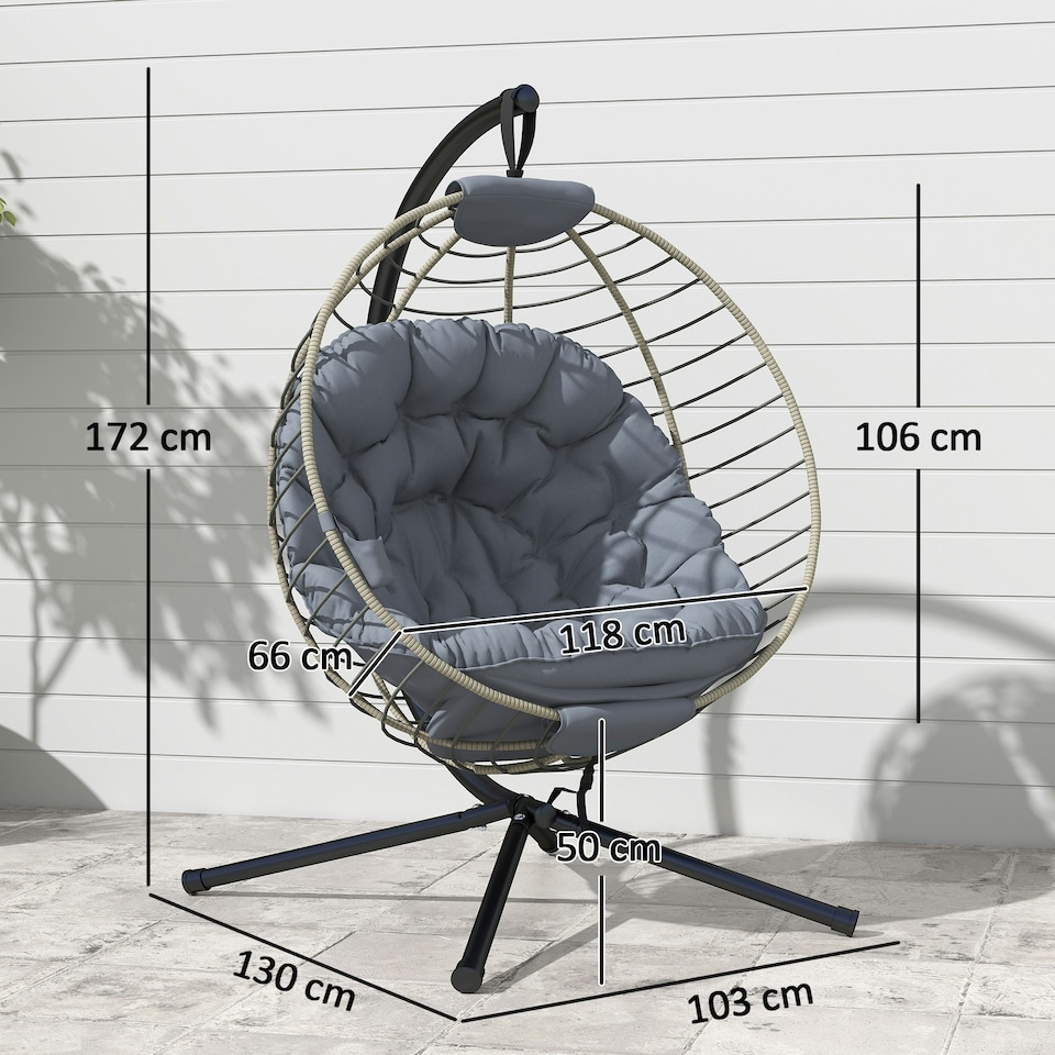 image 1 of Outsunny PE Rattan Hanging Swing Chair w/ Stand & Cup Holder, Grey | Grey | One Size