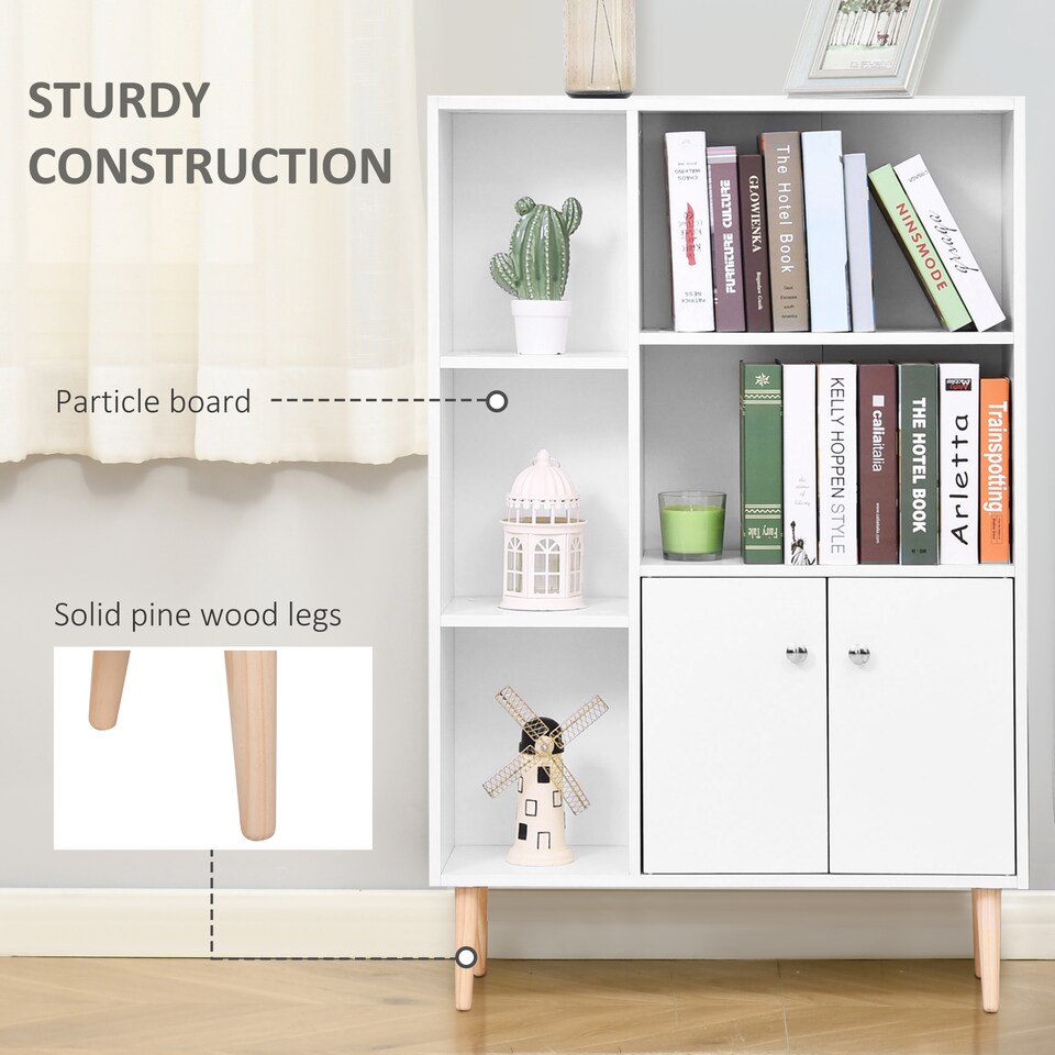 image 1 of HOMCOM Sideboard Storage Cabinet Cupboard, Open Bookcase with 2 Doors 5 Compartments Wooden Modern Style for Living Room Bedroom Kitchen 80 x 23 x 123 cm, White