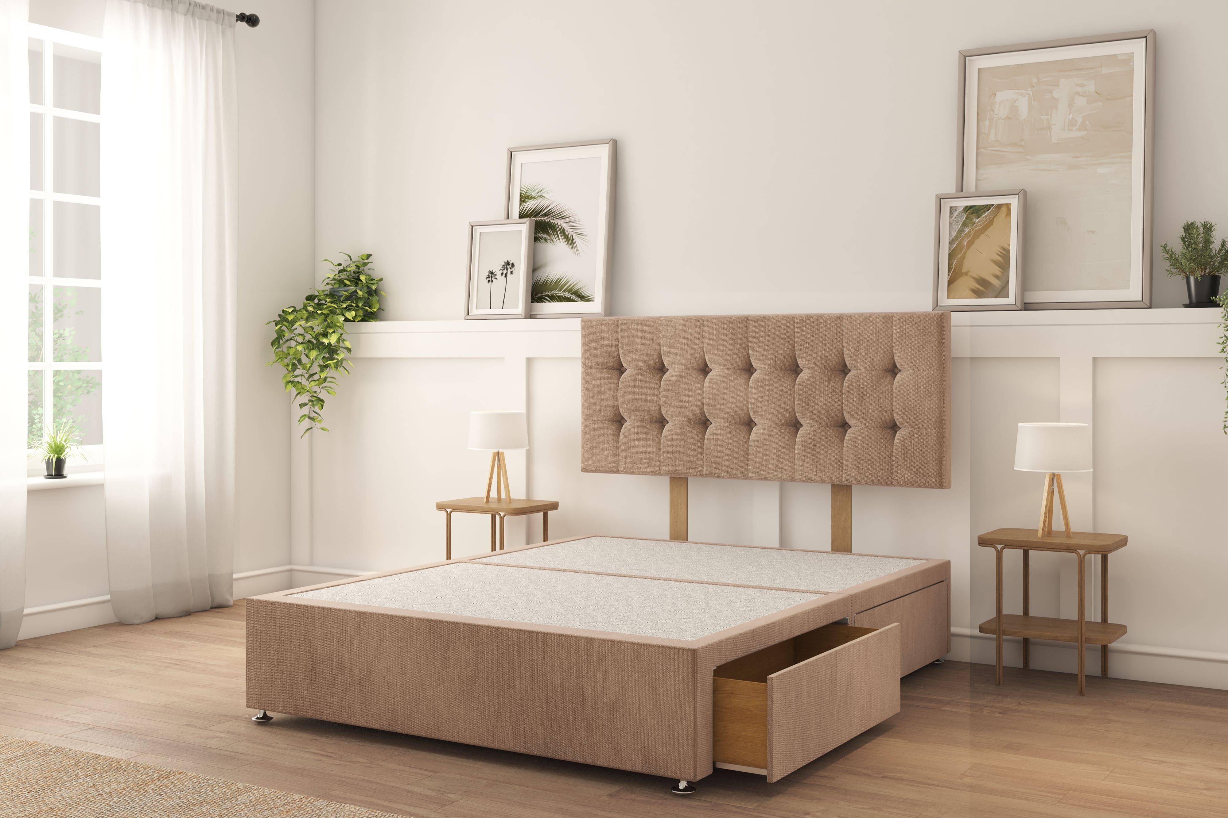 Sloomy Alabama Mink Naples Divan Bed Base 2 Drawers Same Side With 26" Strutted Headboard 4'6 Double