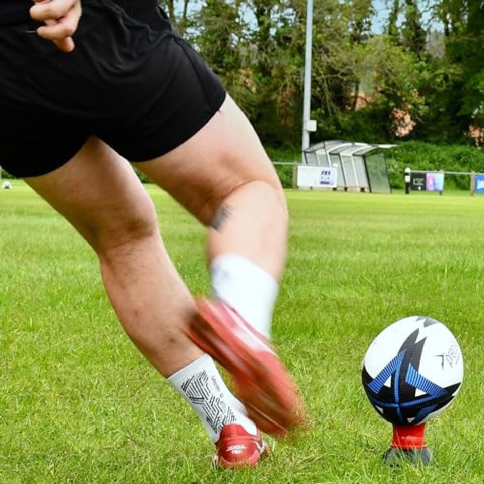 image 1 of Precision Momentum Rugby Training Ball, Premium Rubber, Hand-Stitched, All-Weather Grip, Extra Strong, Ideal For Clubs And Schools, White|Black|Blue, Size 4