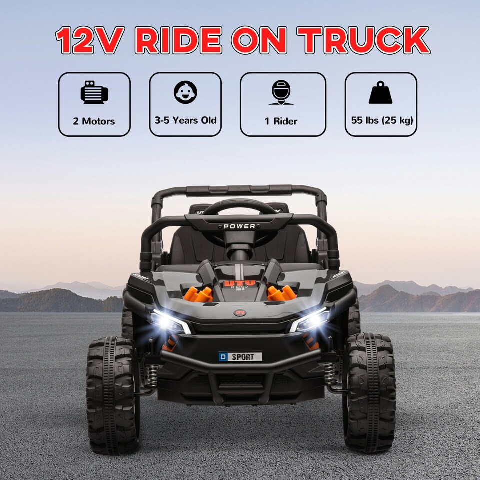 image 1 of AIYAPLAY Kids Ride on Car, 12V Electric Truck w/ Horn, Lights, USB, Black