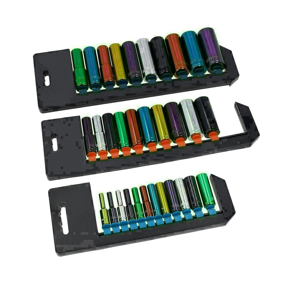 image 1 of Metric Mixed Drive 1/4" 3/8" + 1/2" Deep Colour Coded Sockets 4 - 24mm 32pc