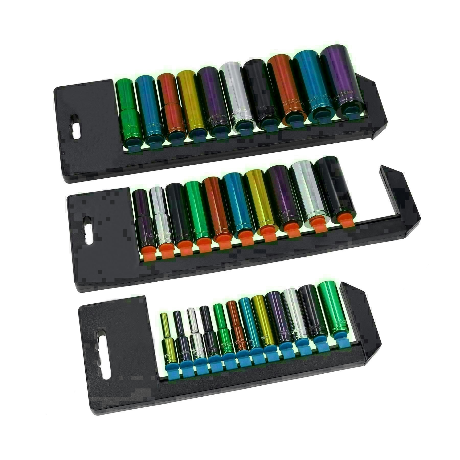 AB Tools 32pc Metric Mixed Drive Shallow Socket Set – 1/4", 3/8", 1/2" Drives, Colour Coded 4-24mm