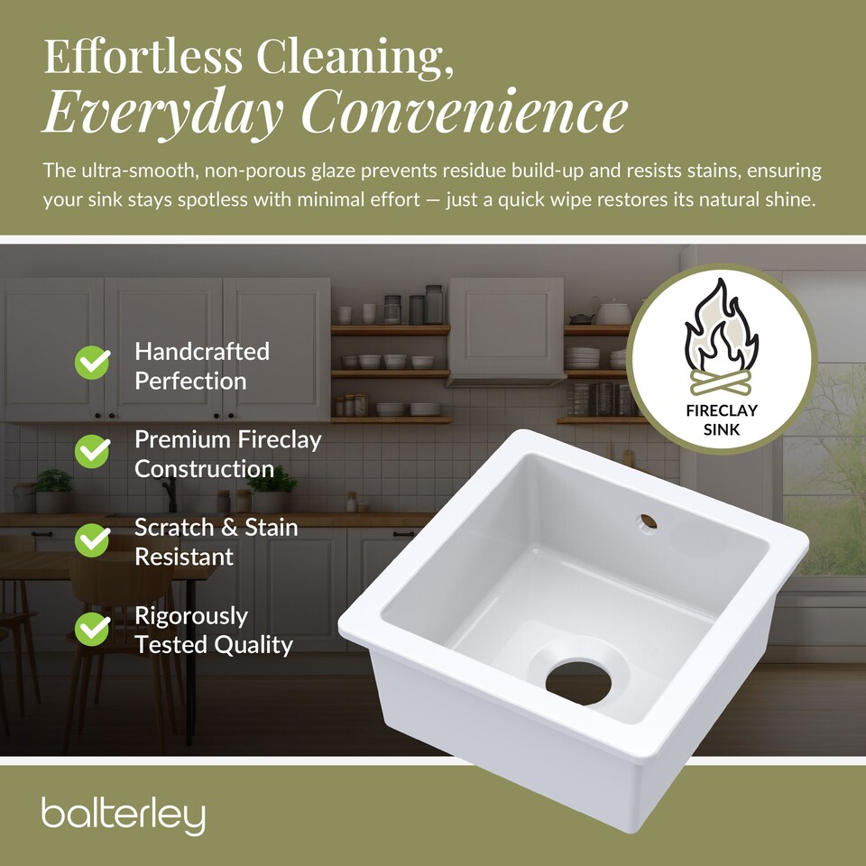 image 1 of Balterley Fireclay Single Bowl Square Undermount Kitchen Sink with Overflow | White | White | 1