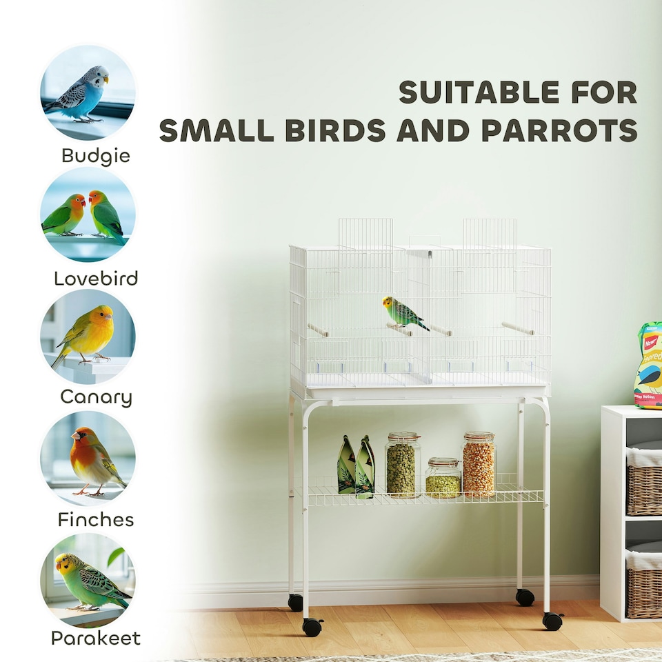 image 1 of PawHut Bird Cage with Divider, 4 Wooden Perches, Slide Out Tray, White