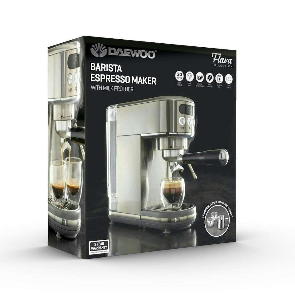 image 1 of Daewoo Digital 20Bar Compact Espresso Coffee Maker with Steam Wand