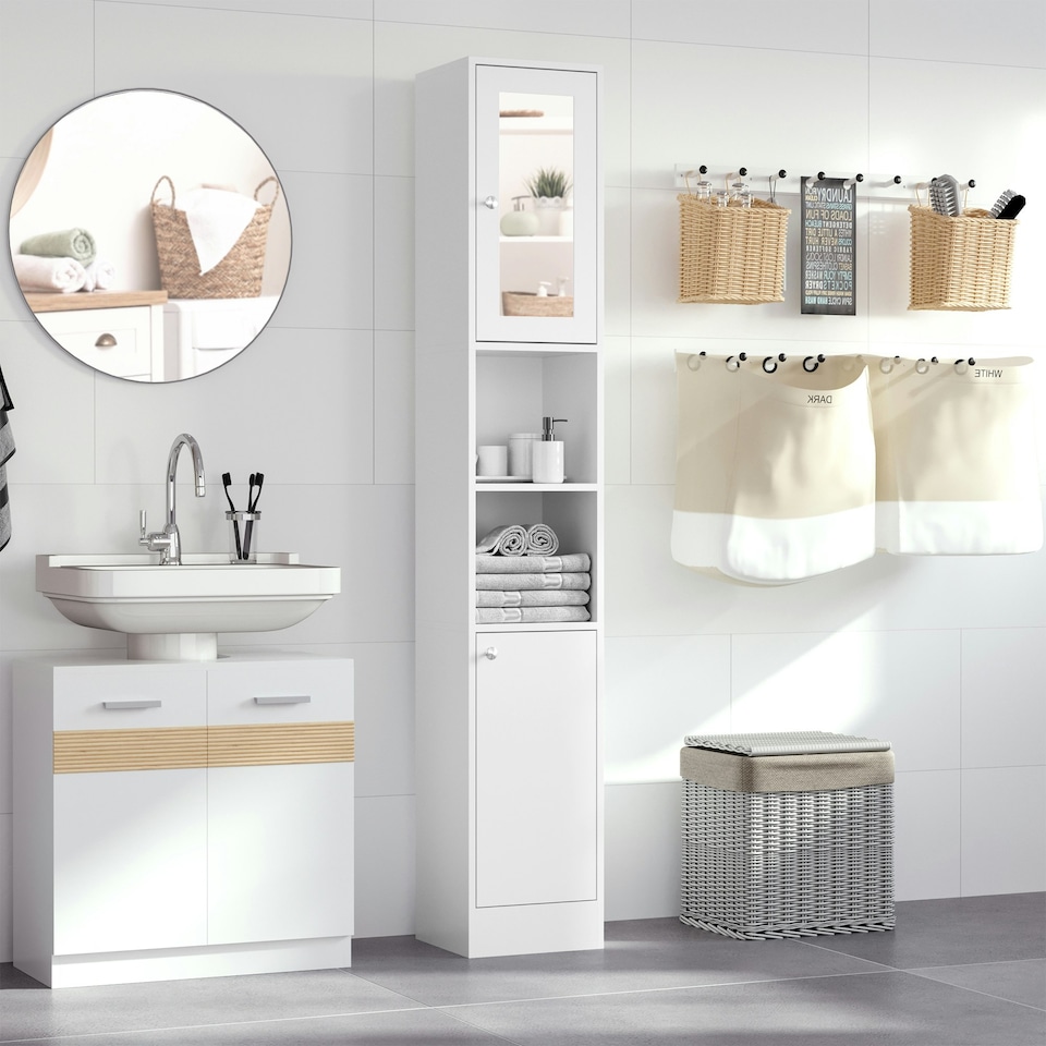 image 1 of kleankin Bathroom Floor Storage Cabinet with Mirror and Shelves Tallboy Unit