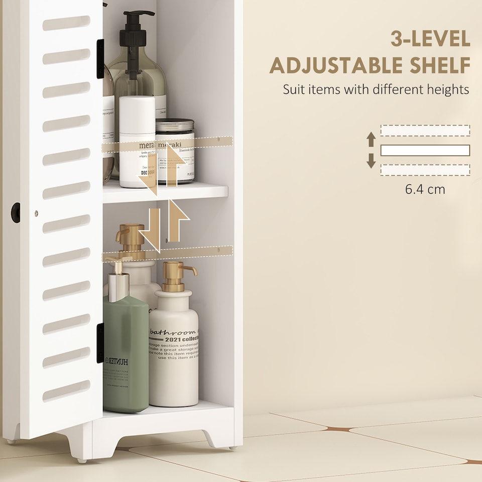 image 1 of HOMCOM Slim Bathroom Floor Cabinet with Louvered Door, Bathroom Storage Unit with Open Shelf, Adjustable Shelf, Freestanding Bathroom Cabinet Storage Cupboard, for Bathroom Living Room Kitchen, White